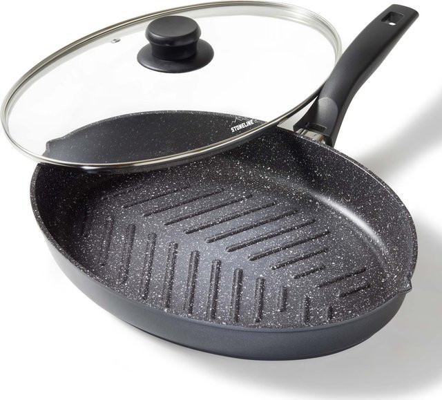 Stoneline XXL Fischpfanne und Schnitzelpfanne aus Aluguss mit Glasdeckel, Grau, B: 35,2 cm, T: 24,3 cm, mit Antihaftbeschichtung und echten Steinpartikeln, Induktion geeignet - Bild 1