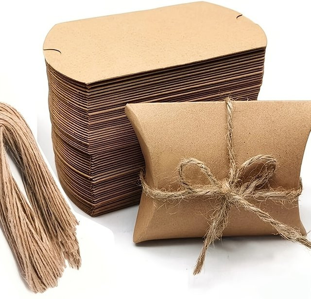 50 Stück rustikale Kraftpapier-Kissen-Mini-Süßigkeitsschachteln in Braun mit Schnur für Hochzeitsgeschenke und Partygeschenke - Bild 1