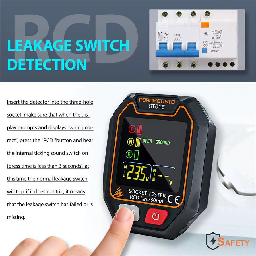 POROMETISTO ST01 Digitaler Steckdosentester mit Farbbildschirm in Schwarz, Schaltungsprüfer und RCD-Steckdosendetektor mit Data Hold und Polaritätstester (UK/EU/US) - Bild 3