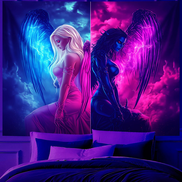 VIKAMA Wandteppich Engel & Dämon Neon Cyberpunk Grafik in Multicolour - Bild 1