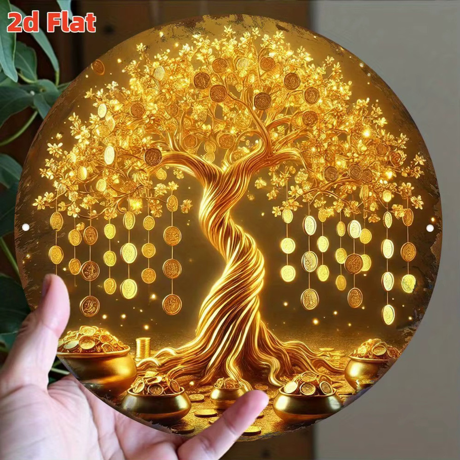 HELLOYOUNG Geldbaum Wanddekoration Goldene Feng Shui Kunst als Rundes Floral Motiv mit Blättern - Bild 2