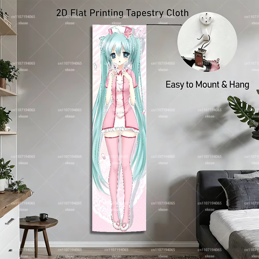 Hatsune Miku Wandteppich von Bandai in Rosa mit Krankenschwester-Outfit und gestreiftem Hintergrund als Anime-Wandbehang zur Schlafzimmerdekoration - Bild 3