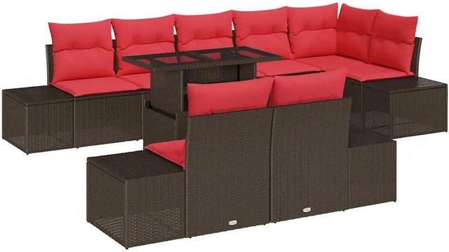vidaXL Gartenmöbel Set aus Poly-Rattan in L-Form mit 3-Sitzer Sofa, Eckelement, Couchtisch und 9 Kissen in Braun und Rot - Bild 1