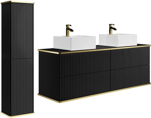 Vente-unique Badmöbel-Set Keliza in Schwarz im Art-Déco-Stil mit Waschbeckenunterschrank, quadratischem Aufsatzbecken und Hochschrank, Breite: 120 cm - Bild 1