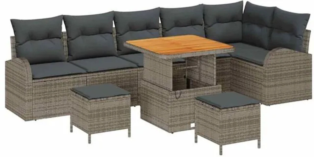 vidaXL Garten-Sofa-Set aus Poly-Rattan und Metall in Grau mit 9-teiligen Polstern und Fußhockern - Bild 1