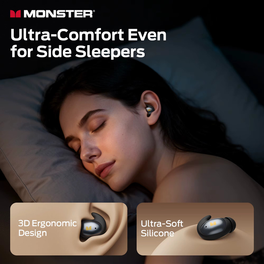 Monster Bluetooth 6.0 Schlaf-Ohrhörer In-Ear TWS Kabellose Kopfhörer mit passiver Geräuschunterdrückung für Seitenschläfer in Beige, Gold oder Schwarz - Bild 2