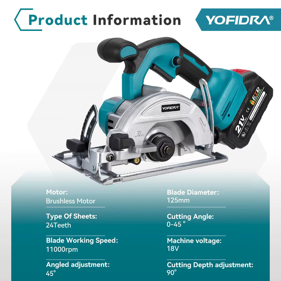 Yofidra Bürstenlose Elektrische Kreissäge 125 mm für Holzbearbeitung, kompatibel mit Makita 18 V Akku - Bild 5
