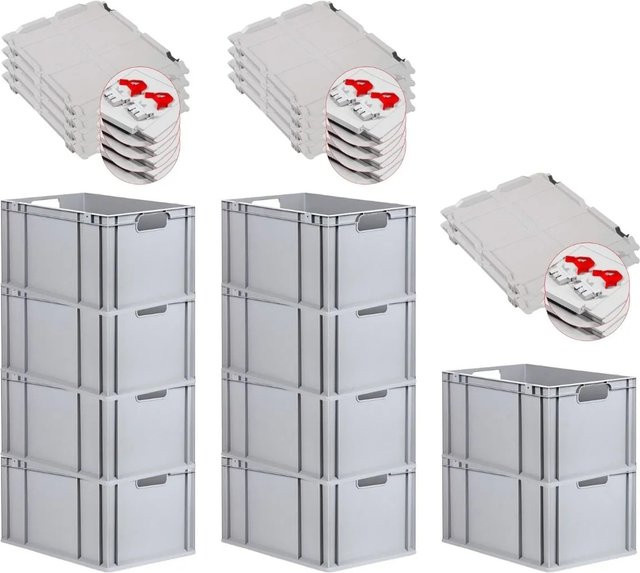 PROREGAL Spar Set 10x Eurobox Nextgen Economy mit Scharnierdeckel und roten Schiebeschnappverschlüssen, Grau, H x B x T: 32 x 40 x 60 cm - Bild 1