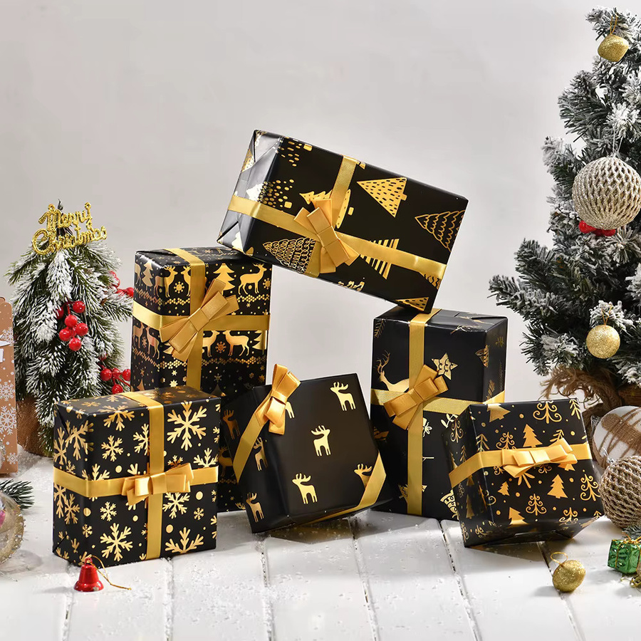 Schwarzgoldenes Weihnachtsgeschenkpapier mit Schneeflocken und Weihnachtsbaum, B/H: 50 x 70 cm - Bild 6