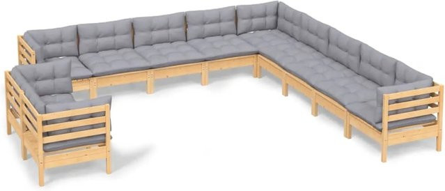 vidaXL 11-teiliges Garten-Lounge-Set aus massivem Kiefernholz mit grauen Polstern und Kissen - Bild 1