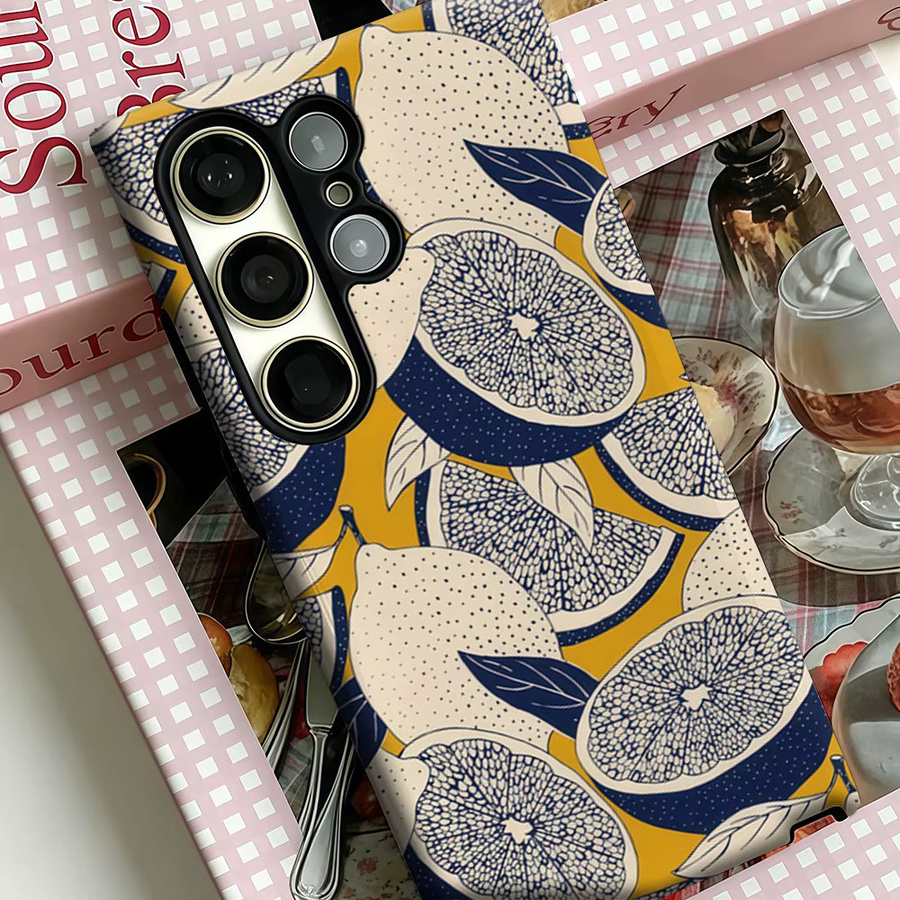 Stoßfeste Doppelschicht Zitronen-Handyhülle für Samsung Galaxy S25 Ultra, S24 und S23 Ultra Plus in Senfblau und Weiß - Bild 4