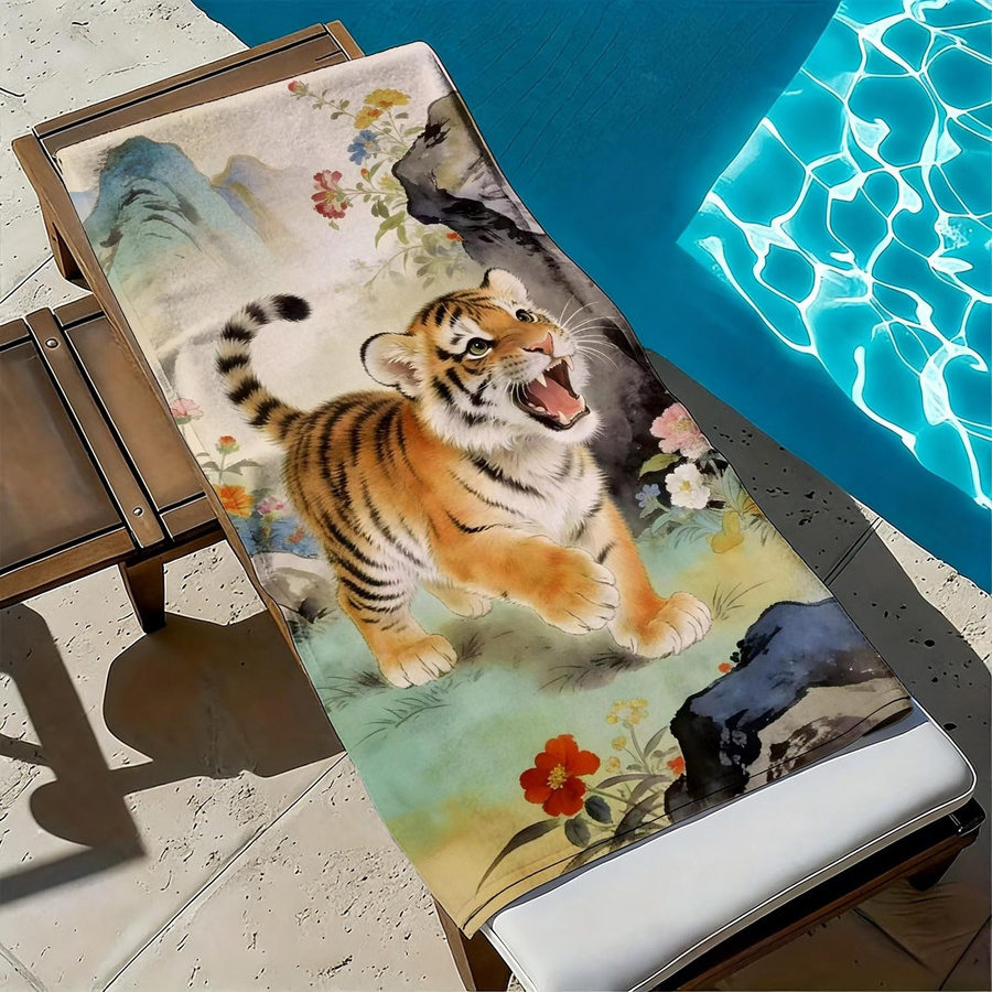 Saugfähiges Strandtuch aus Polyester-Mikrofaser mit Cartoon-Tiger-, Blumen- und Felsmuster in Multicolour, Breite: 40 cm, Höhe: 60 cm - Bild 3