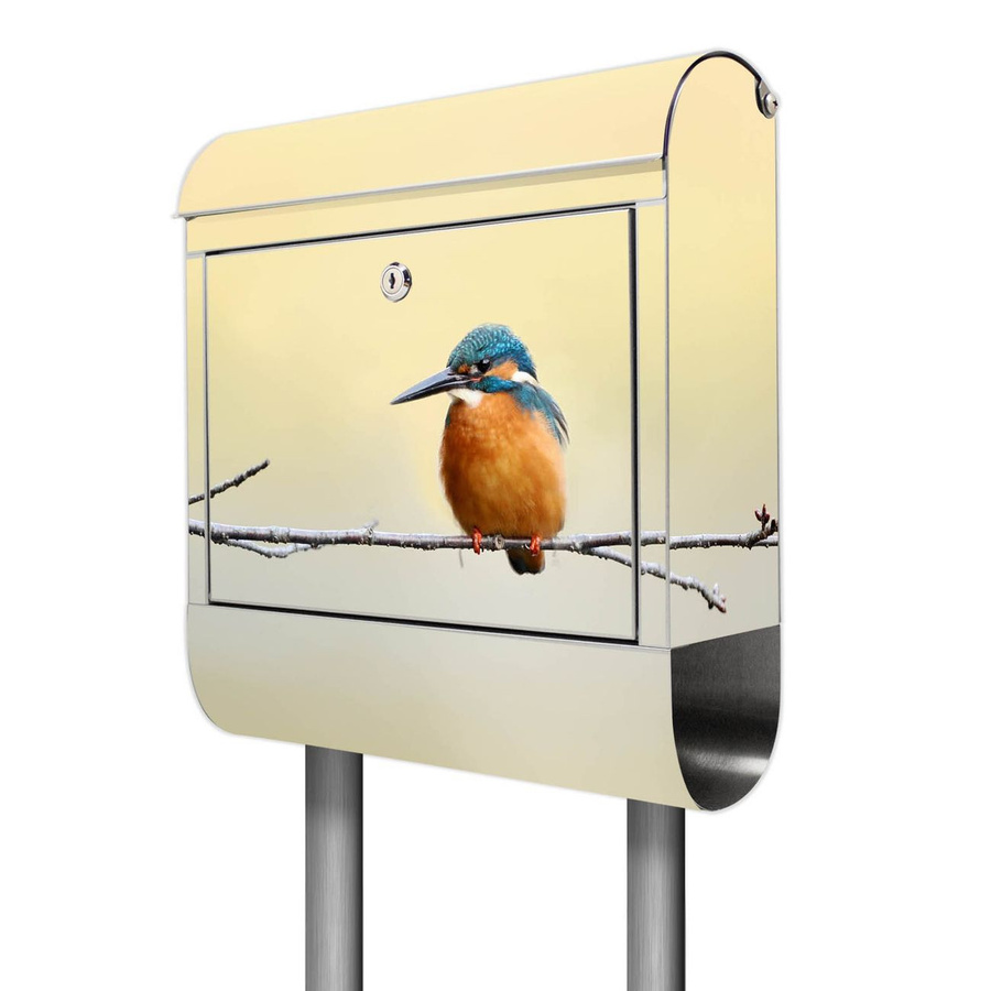 Freistehender Briefkasten aus Edelstahl von banjado mit Zeitungsbox und Motiv Pause in Silber und Multicolour, H x B x T: 161,5 x 38 x 14 cm - Bild 1