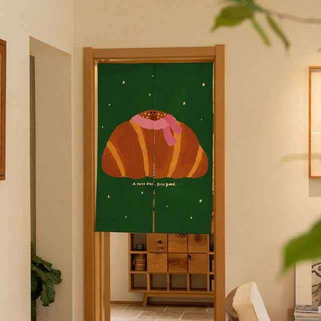 VIKAMA Croissant-Türvorhang mit Kawaii-Brot-Print als Sichtschutz für Küche, Café oder Schlafzimmer, Breite: 90 cm, Höhe: 65 cm - Bild 1