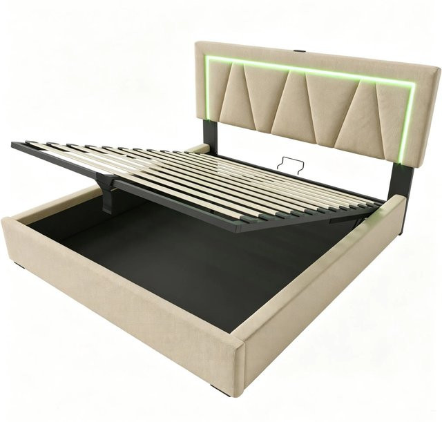 okwish Polsterbett mit Stauraum und LED-Beleuchtung sowie USB-Anschluss, Beige, B/T/H: 160 x 200 x 48,1 cm (Matratze nicht enthalten) - Bild 1