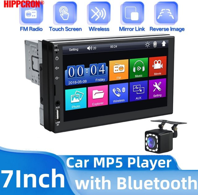 HIPPCRON 7-Zoll Touchscreen 1 DIN Auto-MP5-Player in Schwarz mit kabelloser Verbindung, AUX, USB und MirrorLink-Unterstützung sowie Fernbedienung - Bild 1