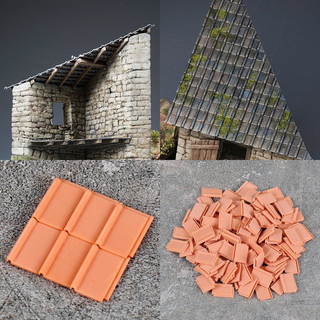 CorMake Montage-Hausziegel-Dach, Miniatur-Gebäudekomponenten, Diorama-Haus, Maßstabsmodell-Set, 1:32, Kunststoff, Orange - Bild 1