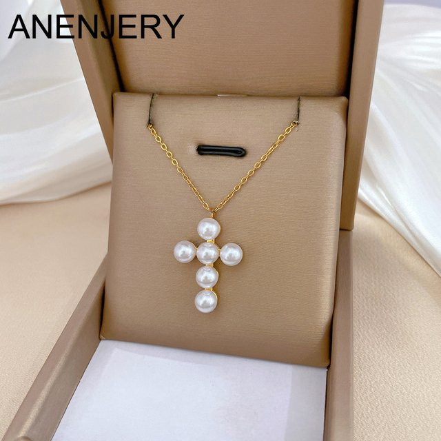 ANENJERY Halskette mit Kreuz Anhänger, Perle, Gold, Damen - Bild 1