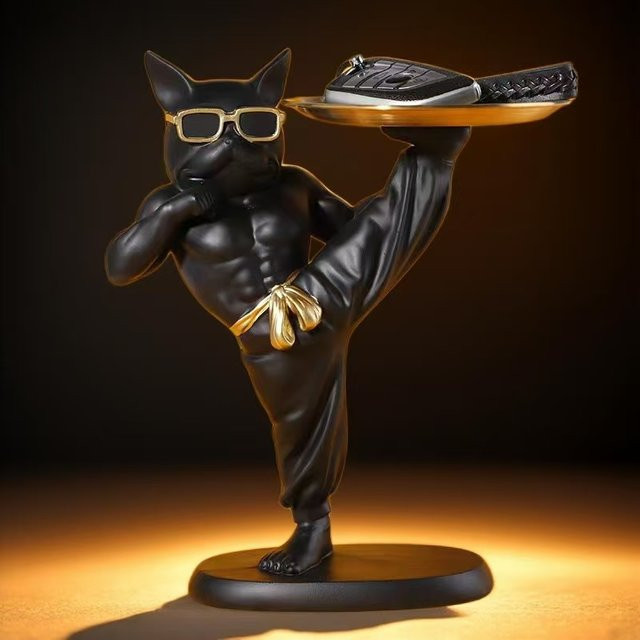GUOFEI Tierornament Französische Bulldogge im Kung-Fu-Stil aus Kunstharz, schwarzes Tablett für Schreibtisch und Küche, Durchmesser: 27 cm - Bild 1