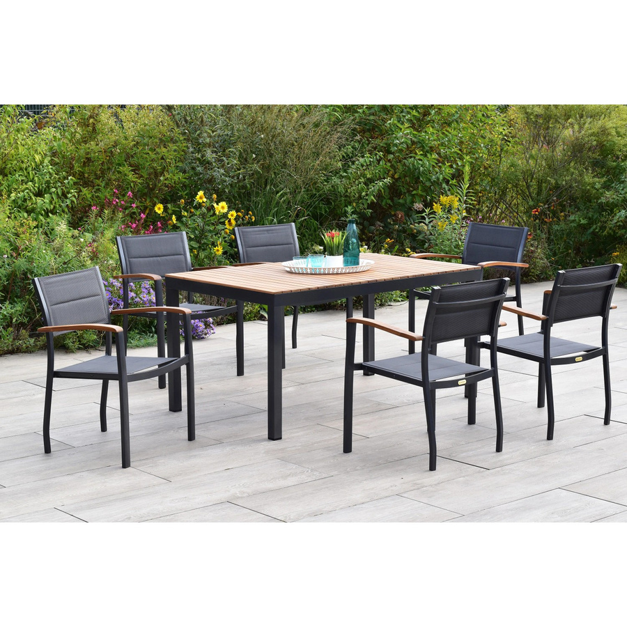 Merxx Gartenmöbel-Diningset Paxos, 7-tlg. Set mit 6 Sitzplätzen aus Aluminium und Akazienholz in Grau - Bild 3