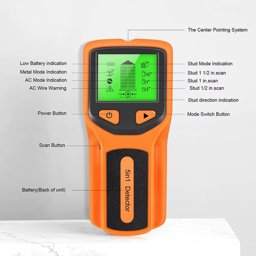 Voktta HW430 5in1 Wandbolzen-Detektor mit LCD-Display, multifunktionales Handgerät für Holz, AC-Draht, Kabel und Metall in Schwarz-Orange - Bild 2