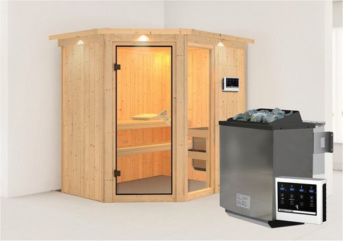 Karibu Sauna Paide 1 Bio-Kombi-Sauna für 3 Personen in Beige mit 9 kW Saunaofen und externer Steuerung, B/T/H: 202 x 165 x 210 cm - Bild 1