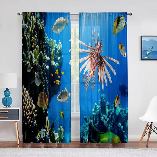 Transparenter Voile Vorhang mit Ozean-Motiv und tropischen Fischen von Super Six, Blau/Mehrfarbig, Breite: 100 cm, Höhe: 250 cm - Bild 1
