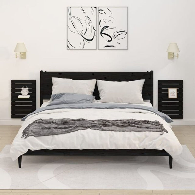 2er-Set Wand-Nachttische aus Massivholz Kiefer in Schwarz von vidaxl, B/H/T: 40 x 17,5 x 63 cm - Bild 1