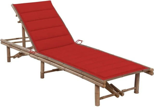 Furnicato Garten-Sonnenliege aus Bambus mit roter Auflage und verstellbarer Kopfstütze, B/T/H: 200 x 65 x 30-87 cm - Bild 1