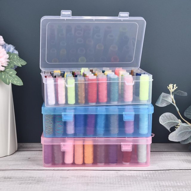 The Red Sun Nähgarn Box Organizer aus Kunststoff, transparent und blau, zur Lagerung von Spulen und Nadeln - Bild 1