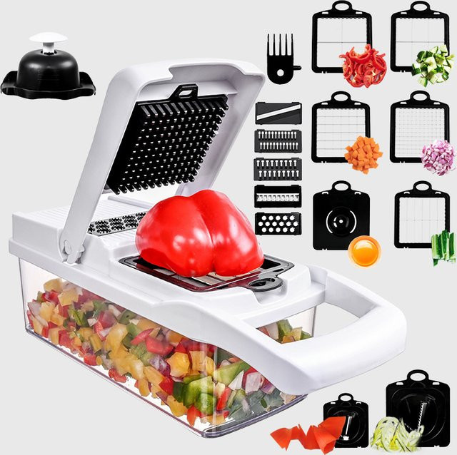 Multifunktionaler 5-in-1 Gemüseschneider und Küchenwerkzeug in Grau aus Kunststoff zum Zerkleinern von Tomaten, Karotten, Käse und Zwiebeln inklusive Würfelreibe - Bild 1