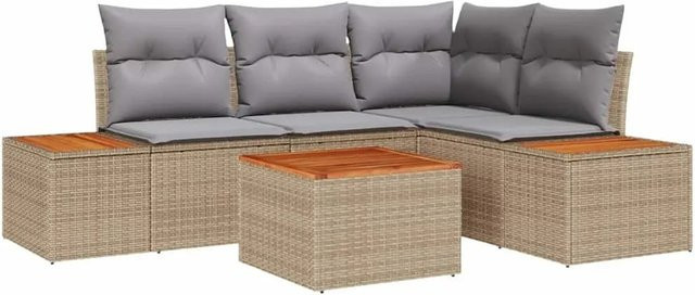 vidaXL Gartensofa-Set aus Polyrattan in L-Form mit Tisch und Kissen, Beige und Grau - Bild 1
