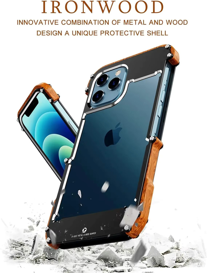 Stoßfeste Schutzhülle aus Aluminium und Holz für iPhone 13, 14, 15 und 16 Pro Max in Schwarz - Bild 4