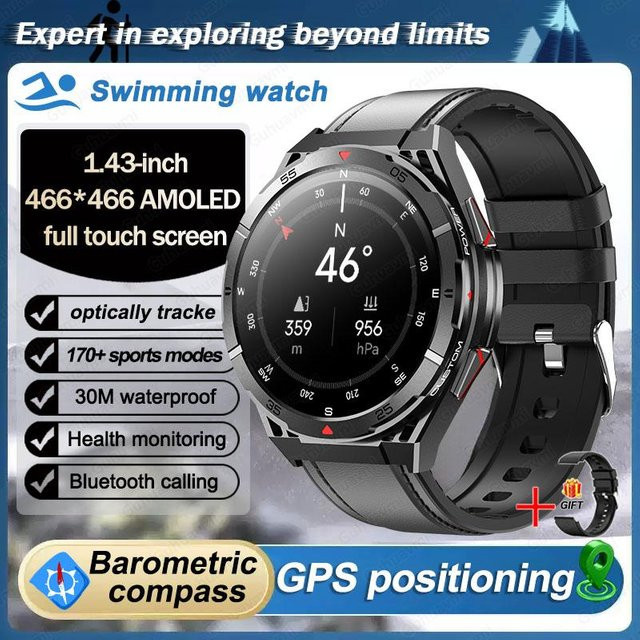 QLY Online GPS Smartwatch für Herren mit Bluetooth Anruffunktion, 100+ Sportmodi, Sprachassistent und Wasserdichtigkeit, schwarzes Lederarmband - Bild 1
