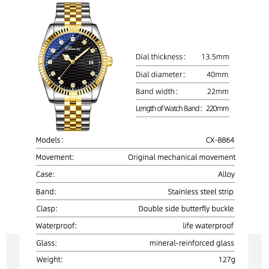 CHENXI Armbanduhr Automatik, Edelstahl, Blau, Herren - Bild 4