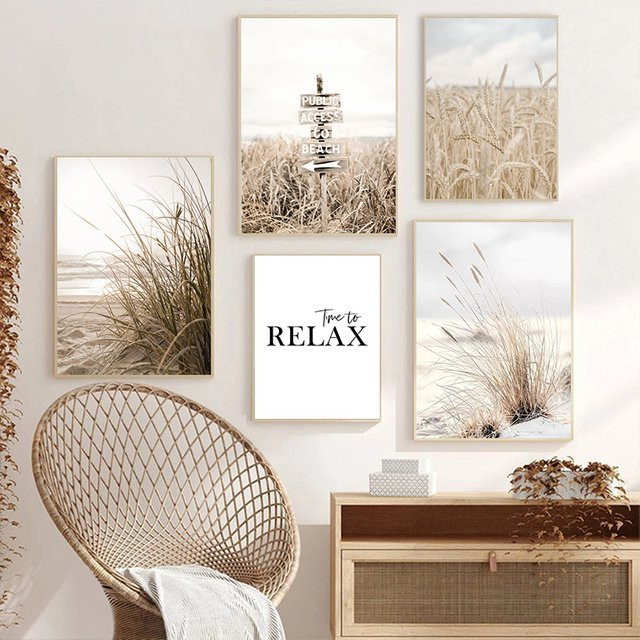 Potdemiel Wandposter im skandinavischen Stil mit Landschafts- und Blumenmotiv in Beige auf Leinwand - Bild 1