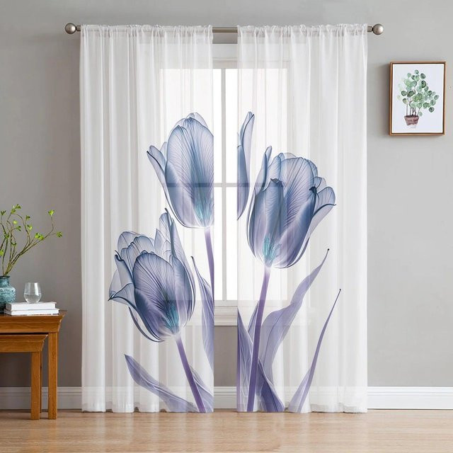 A Family Of Home Textiles Transparent Voile Tüll Vorhang mit Tulpen-Blumenmuster in Blau, Breite: 135 cm, Höhe: 114 cm - Bild 1