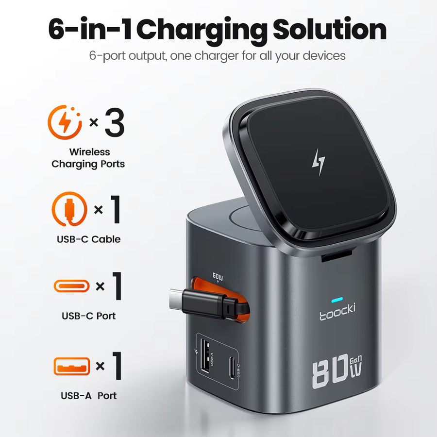 Toocki 80 W 6-in-1 GaN Ladestation mit 15 W MagSafe, 65 W PD und integriertem 60 W Kabel für iPhone und MacBook - Bild 2