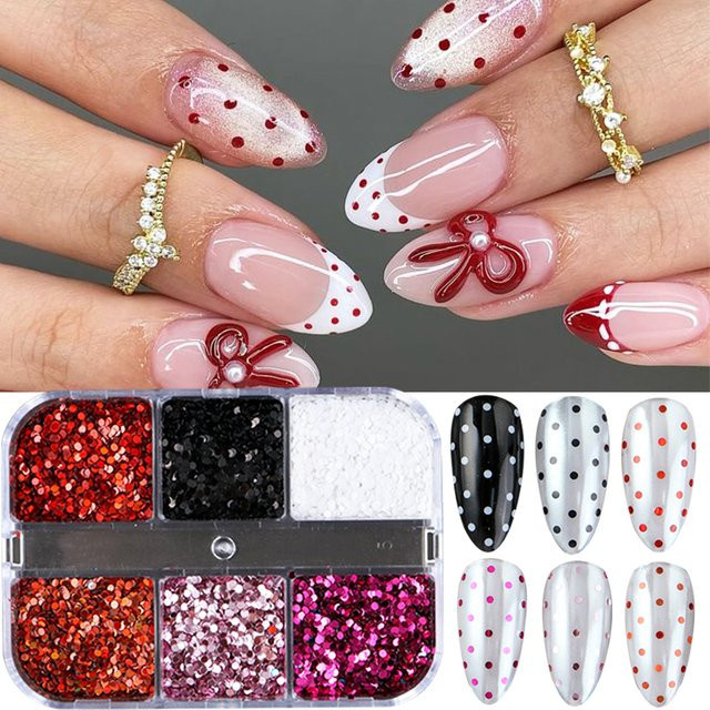 Full Beauty Nagelglitzer Polka Dot 3D Pailletten, 6er-Set, Schwarz Weiß Rot - Bild 1