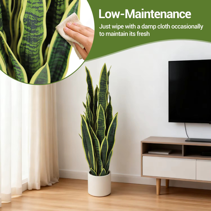 HiMISS Künstliche Schlangenpflanze Sansevieria Trifasciata im Topf, Grün mit braunem Detail, Dekorative Kunstpflanze für Tisch und Büro - Bild 3