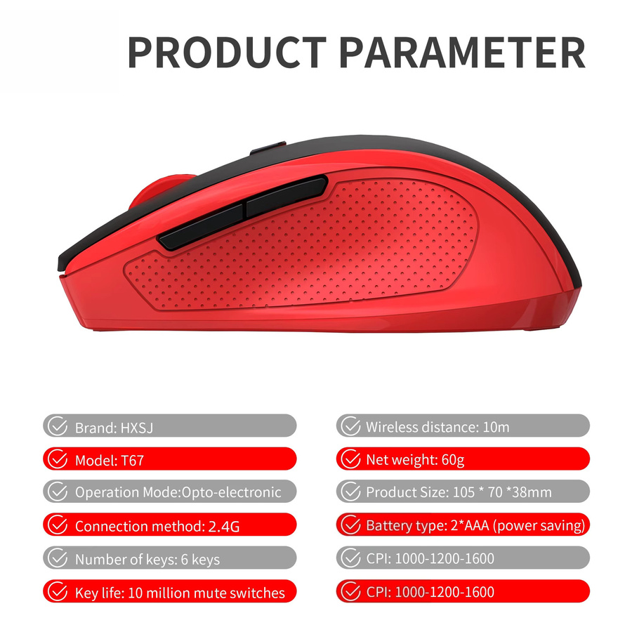 HXSJ Ergonomische kabellose 2,4 GHz Maus mit optischem Sensor und 6 Tasten in Rot und Schwarz für Laptop, Büro und Gaming - Bild 5