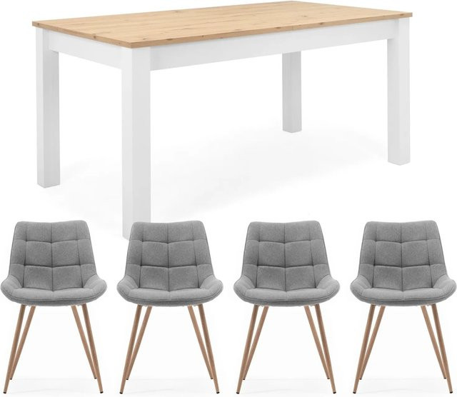Homestyle4u Essgruppe im skandinavischen Design mit Tisch und 4 Polsterstühlen in Weiß und Grau - Bild 1