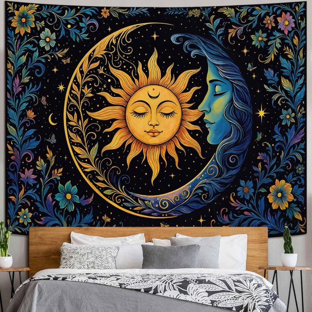 VIKAMA Wandteppich Sonne-Mond mit Blumenmuster im Boho-Stil, Mehrfarbig - Bild 1