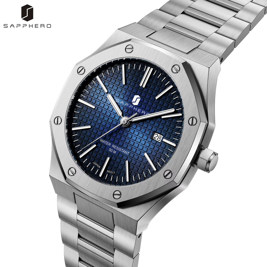 SAPPHERO Armbanduhr Herren, Analoguhr, Quarz, Edelstahl, Blau, Silber - Bild 2