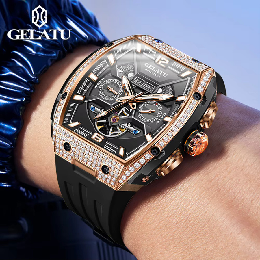 GELATU Armbanduhr, Automatik, Diamant, Silikonarmband, Herren, Schwarz - Bild 3
