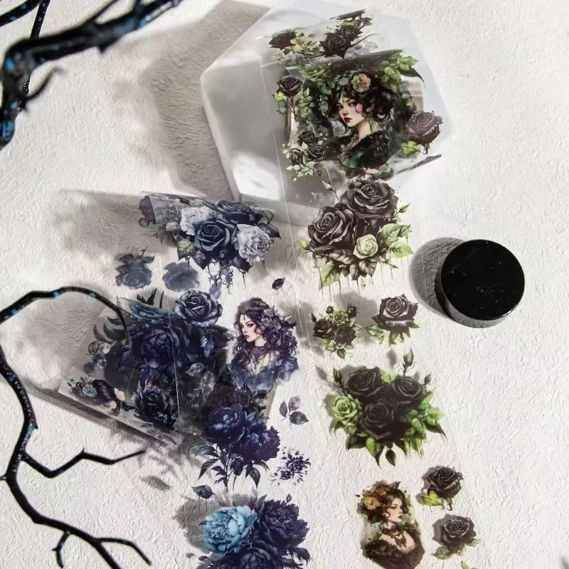 Dekoratives Washi Tape im Gothic Blumen Design für DIY Collagen und Bastelarbeiten, 1 Rolle, 2 m, Grün/Mehrfarbig - Bild 1