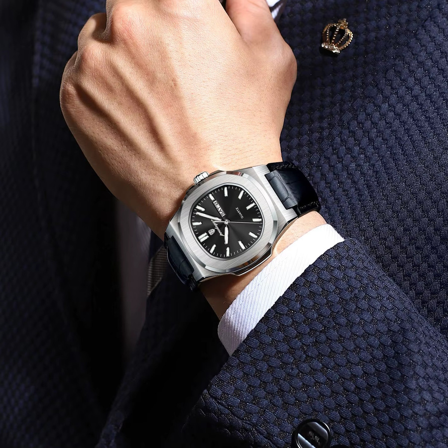 POEDAGAR Armbanduhr, Analoguhr, Edelstahl, Leder, Schwarz, Herren - Bild 5
