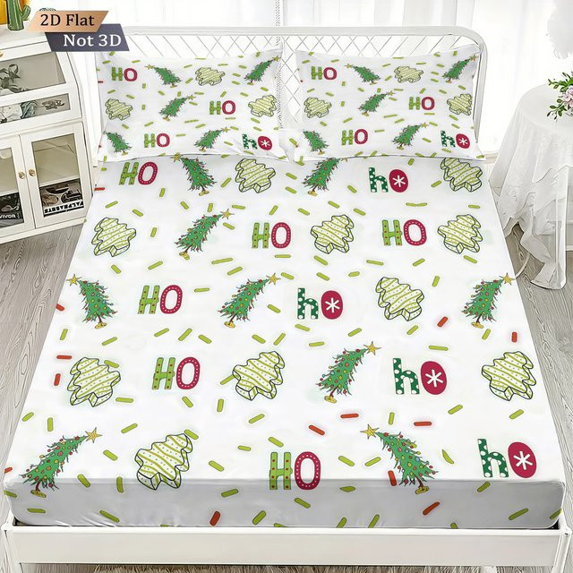 3-teiliges Bettwäsche-Set mit Cartoon-Weihnachtsbaum-Print, Weiß, bestehend aus Bettdecke, Kissenbezug und Spannbettlaken, B/T/H: 90 x 190 cm - Bild 1