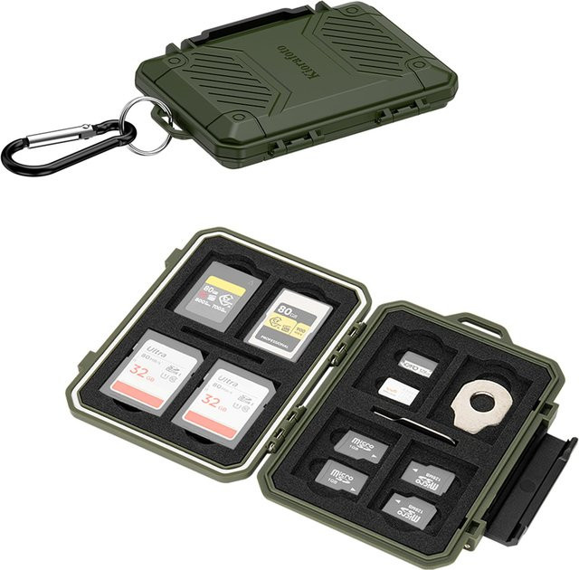 KIWIFOTOS IP67 wasserdichtes Speicherkartenetui in Grün für SD SDHC SDXC TF MSD und CFexpress Typ A CFA sowie Nano SIM Karten - Bild 1