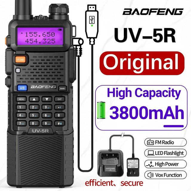 Baofeng UV 5R Walkie Talkie Akku mit 3800 mAh und USB-Ladegerät, UHF/VHF Dual Band Transceiver in Schwarz - Bild 1